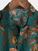Button-Up Short Sleeve Vintage Green Shirt with Hawaiian Flowers