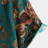 Button-Up Short Sleeve Vintage Green Shirt with Hawaiian Flowers
