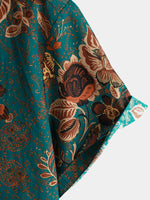 Button-Up Short Sleeve Vintage Green Shirt with Hawaiian Flowers