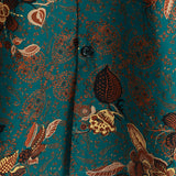 Button-Up Short Sleeve Vintage Green Shirt with Hawaiian Flowers