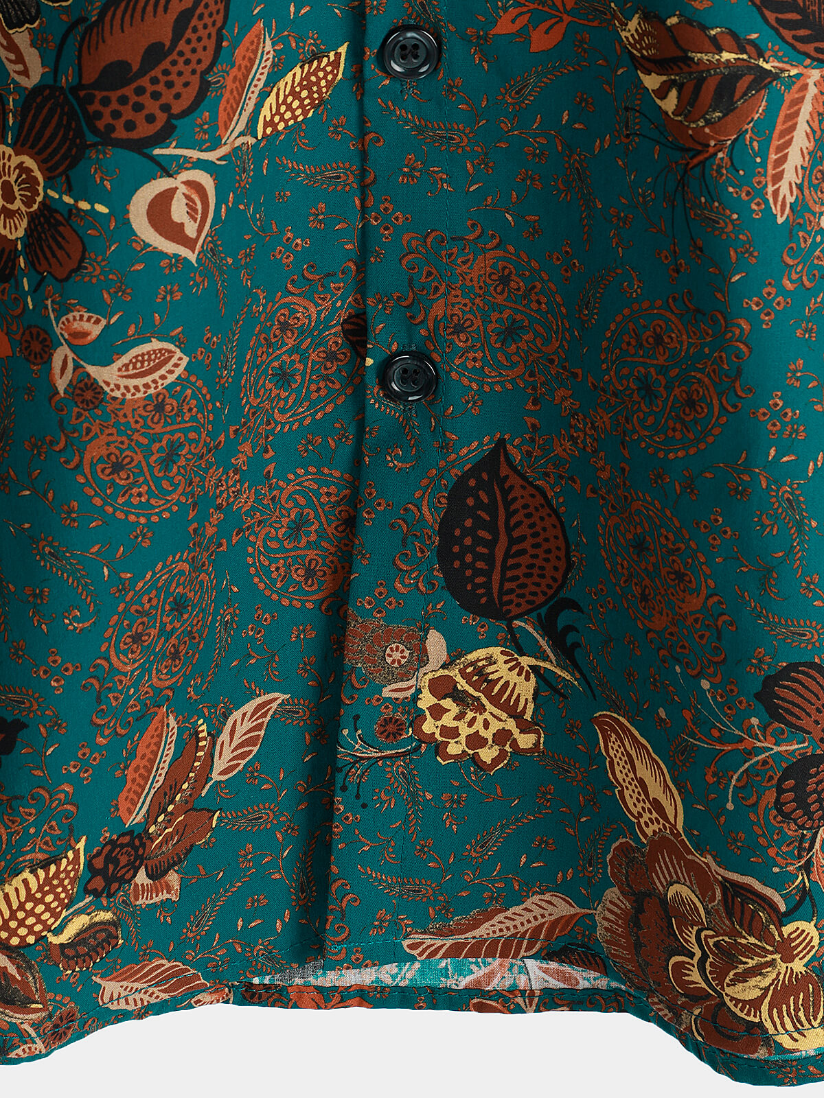 Button-Up Short Sleeve Vintage Green Shirt with Hawaiian Flowers