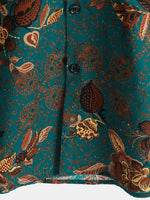 Button-Up Short Sleeve Vintage Green Shirt with Hawaiian Flowers