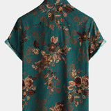 Button-Up Short Sleeve Vintage Green Shirt with Hawaiian Flowers