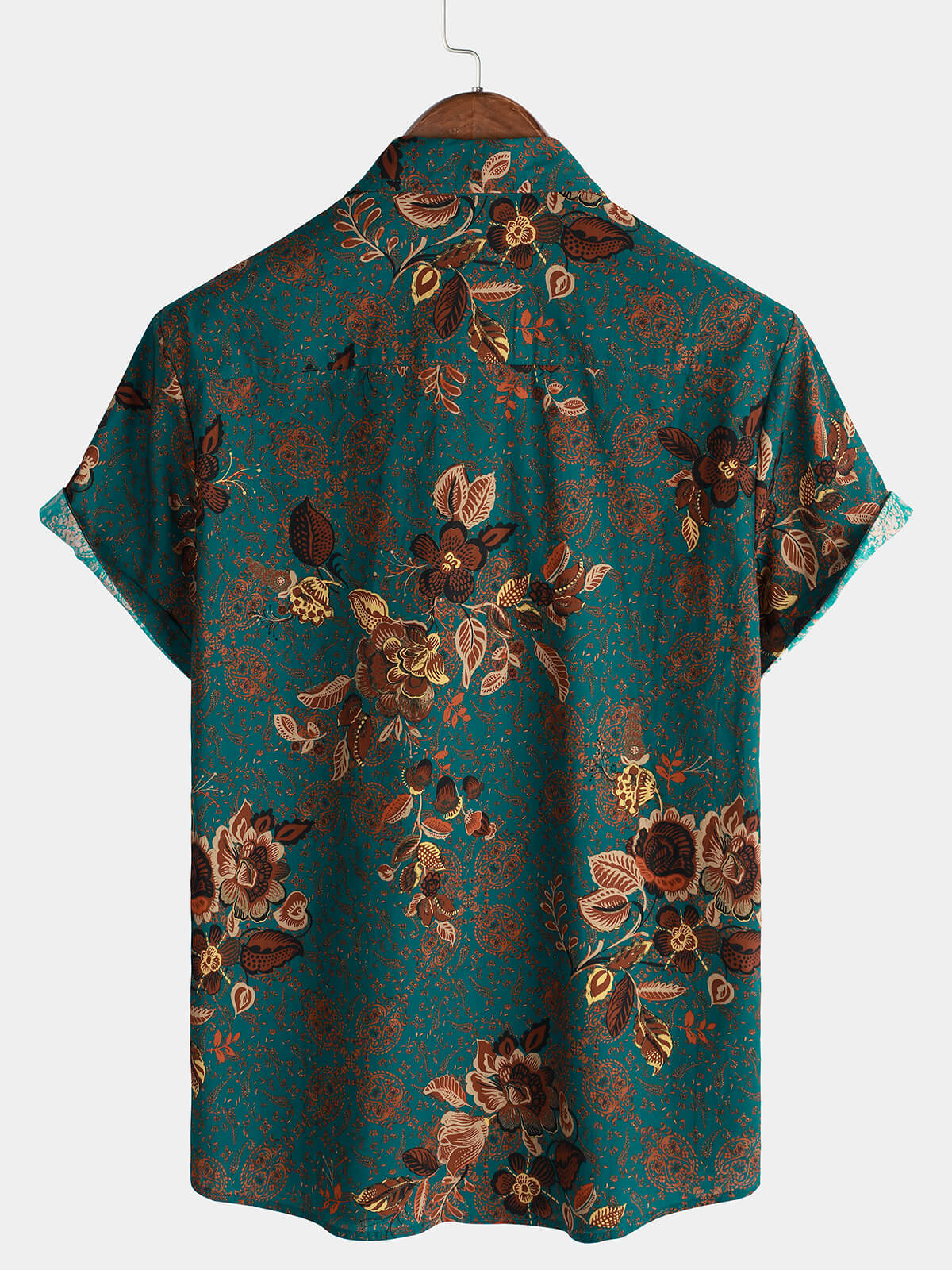 Button-Up Short Sleeve Vintage Green Shirt with Hawaiian Flowers