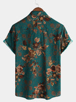 Button-Up Short Sleeve Vintage Green Shirt with Hawaiian Flowers