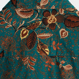 Button-Up Short Sleeve Vintage Green Shirt with Hawaiian Flowers
