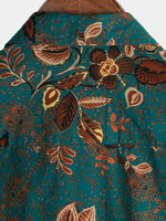Button-Up Short Sleeve Vintage Green Shirt with Hawaiian Flowers