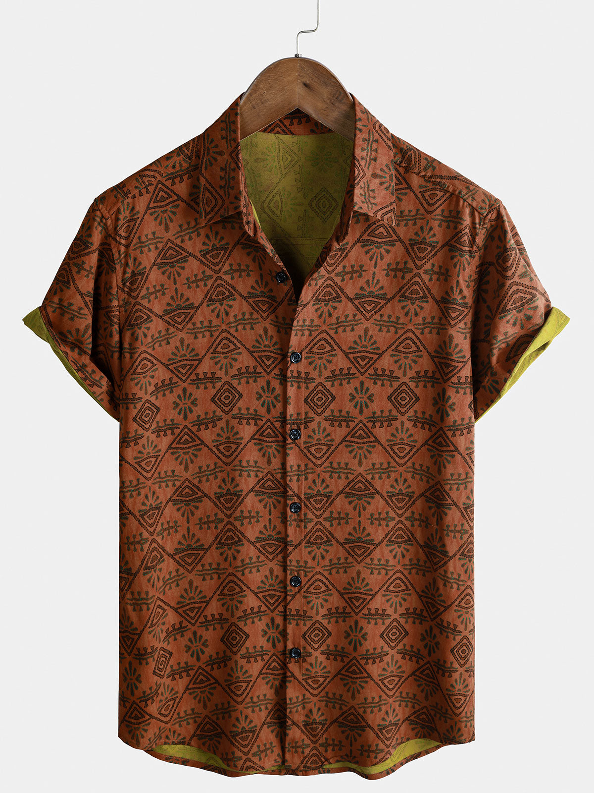 Bohemian Orange Tribal Geometric Print Short Sleeve Shirt