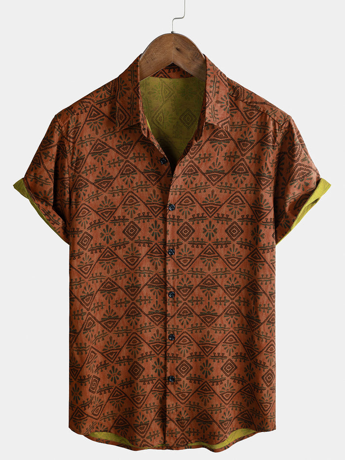 Bohemian Orange Tribal Geometric Print Short Sleeve Shirt