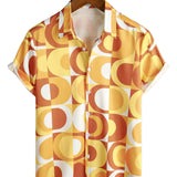 Retro Summer Men's Cotton Shirt, Buttons, Vintage Orange, Geometric, Disco, Beach, Cool, Short Sleeve