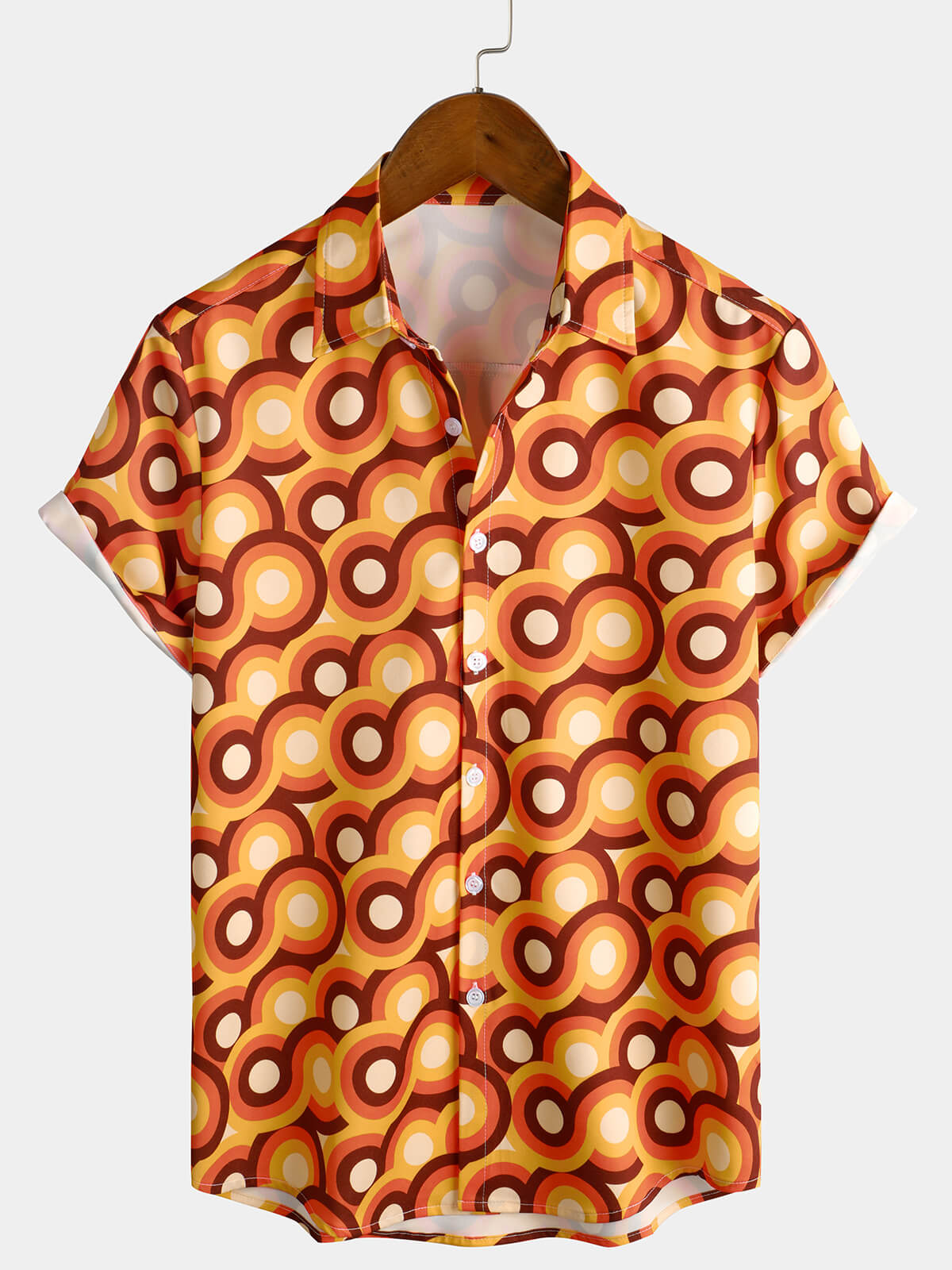 Vintage 70s Orange Geometric Circle Summer Beach Short Sleeve Shirt