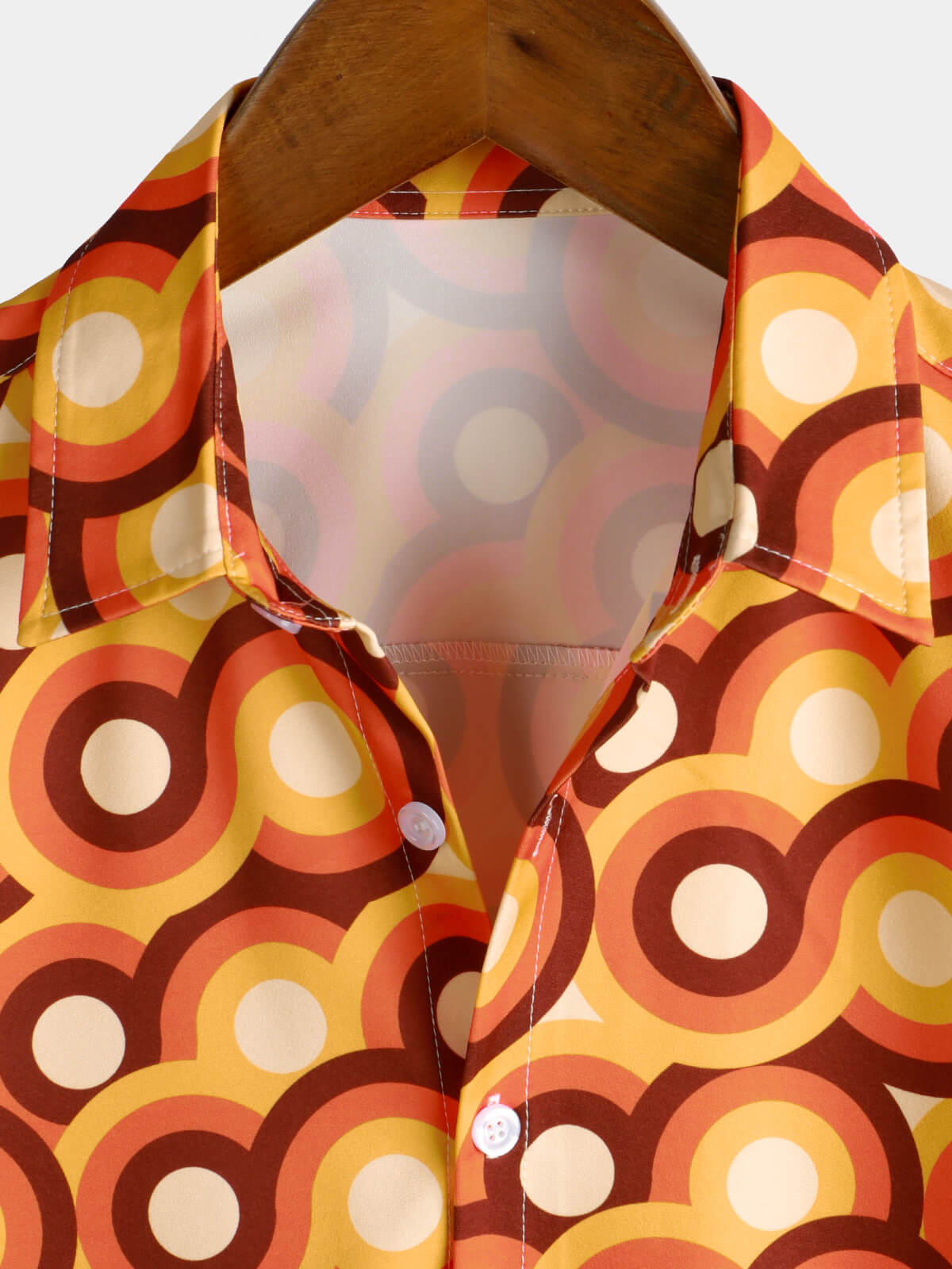 Vintage 70s Orange Geometric Circle Summer Beach Short Sleeve Shirt