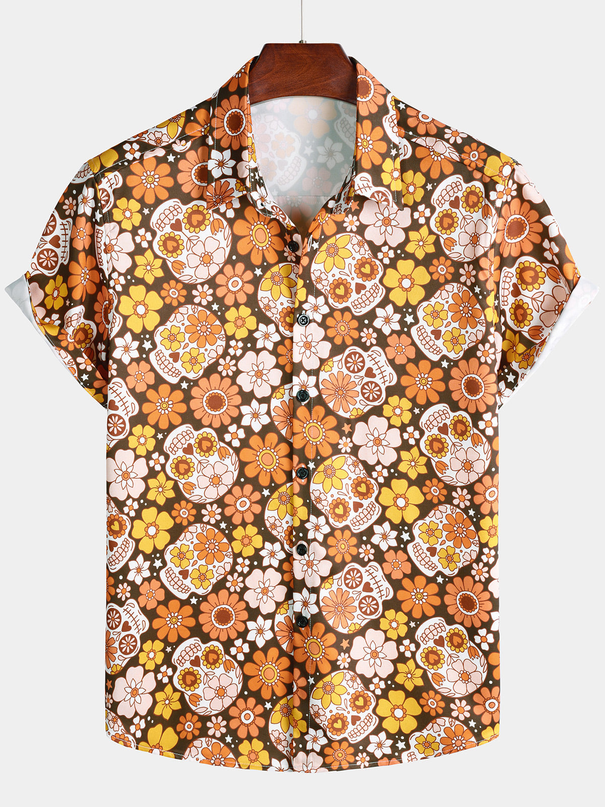 Sugar Skull and Daisy Print Holiday Style Short Sleeve Shirt
