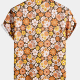 Sugar Skull and Daisy Print Holiday Style Short Sleeve Shirt