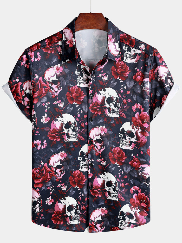 Floral and Skull Print Punk Rock Beach Style Short Sleeve Shirt