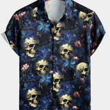 Gold Skull and Floral Print Punk Style Short Sleeve Shirt