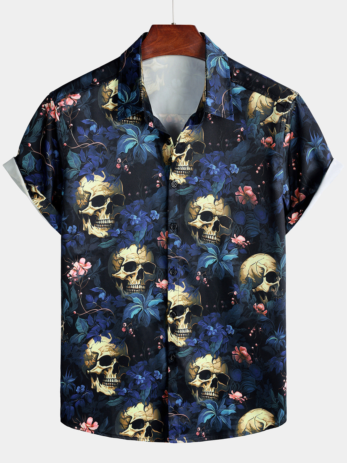 Gold Skull and Floral Print Punk Style Short Sleeve Shirt