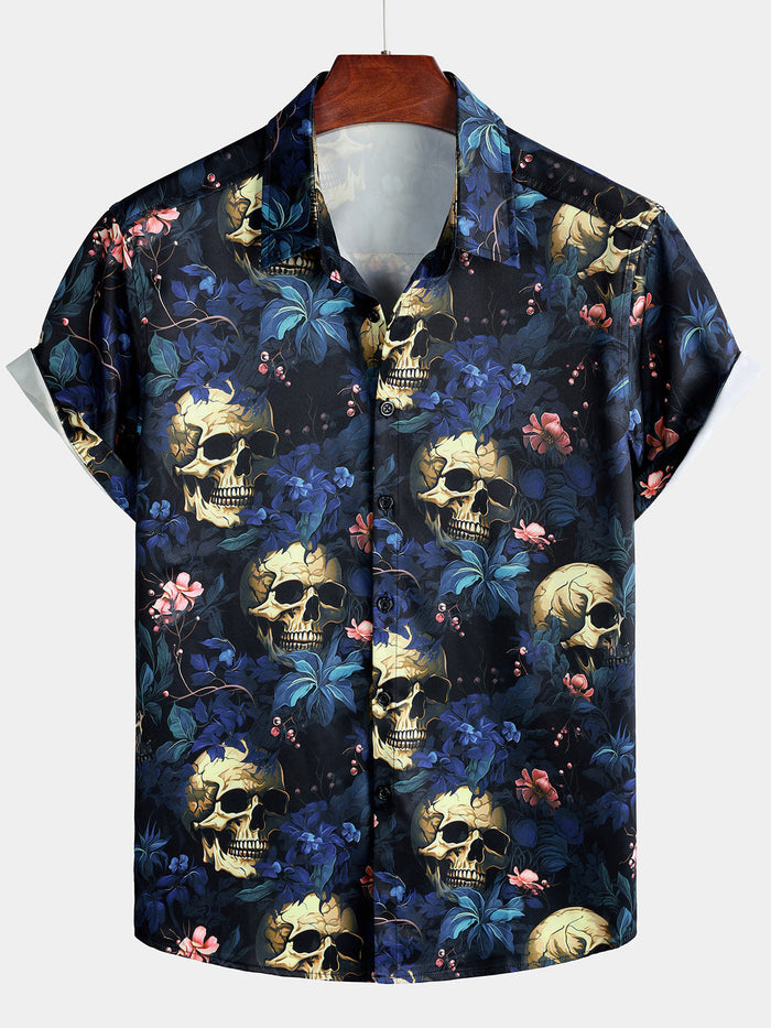 Gold Skull and Floral Print Punk Style Short Sleeve Shirt