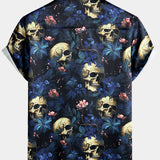 Gold Skull and Floral Print Punk Style Short Sleeve Shirt