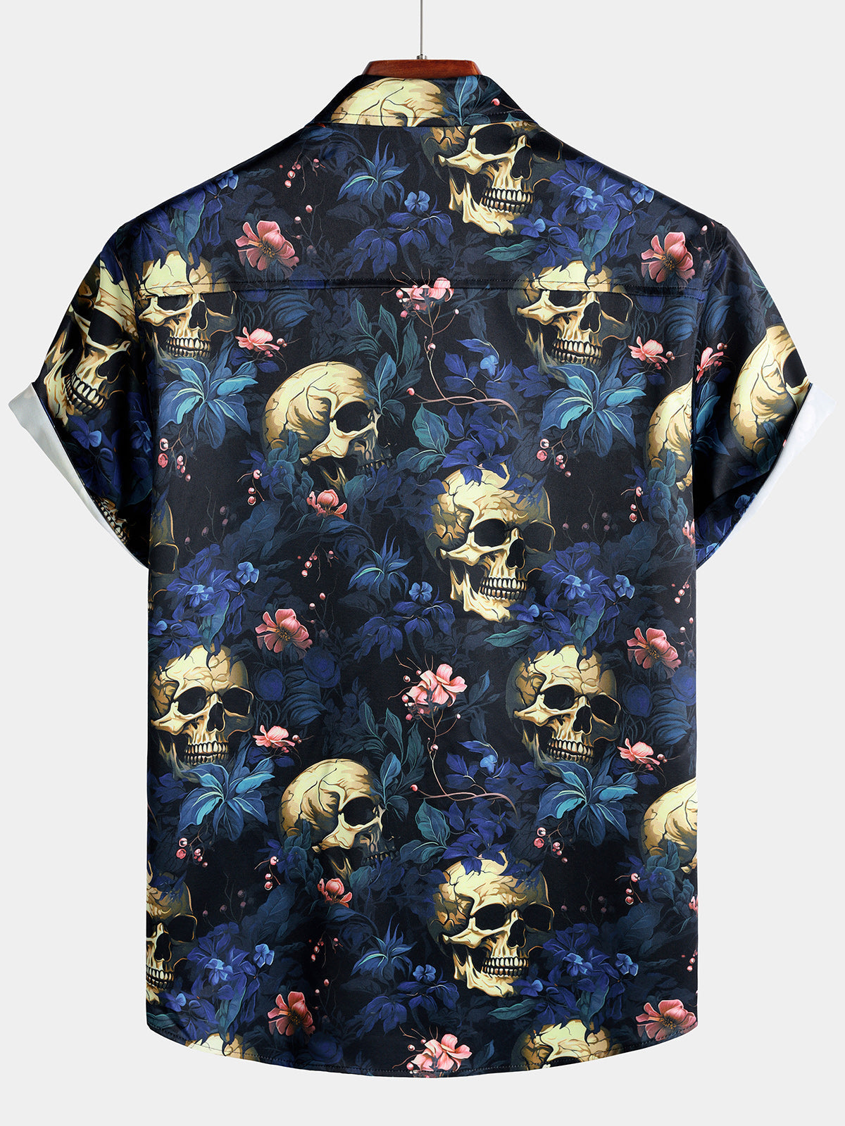 Gold Skull and Floral Print Punk Style Short Sleeve Shirt