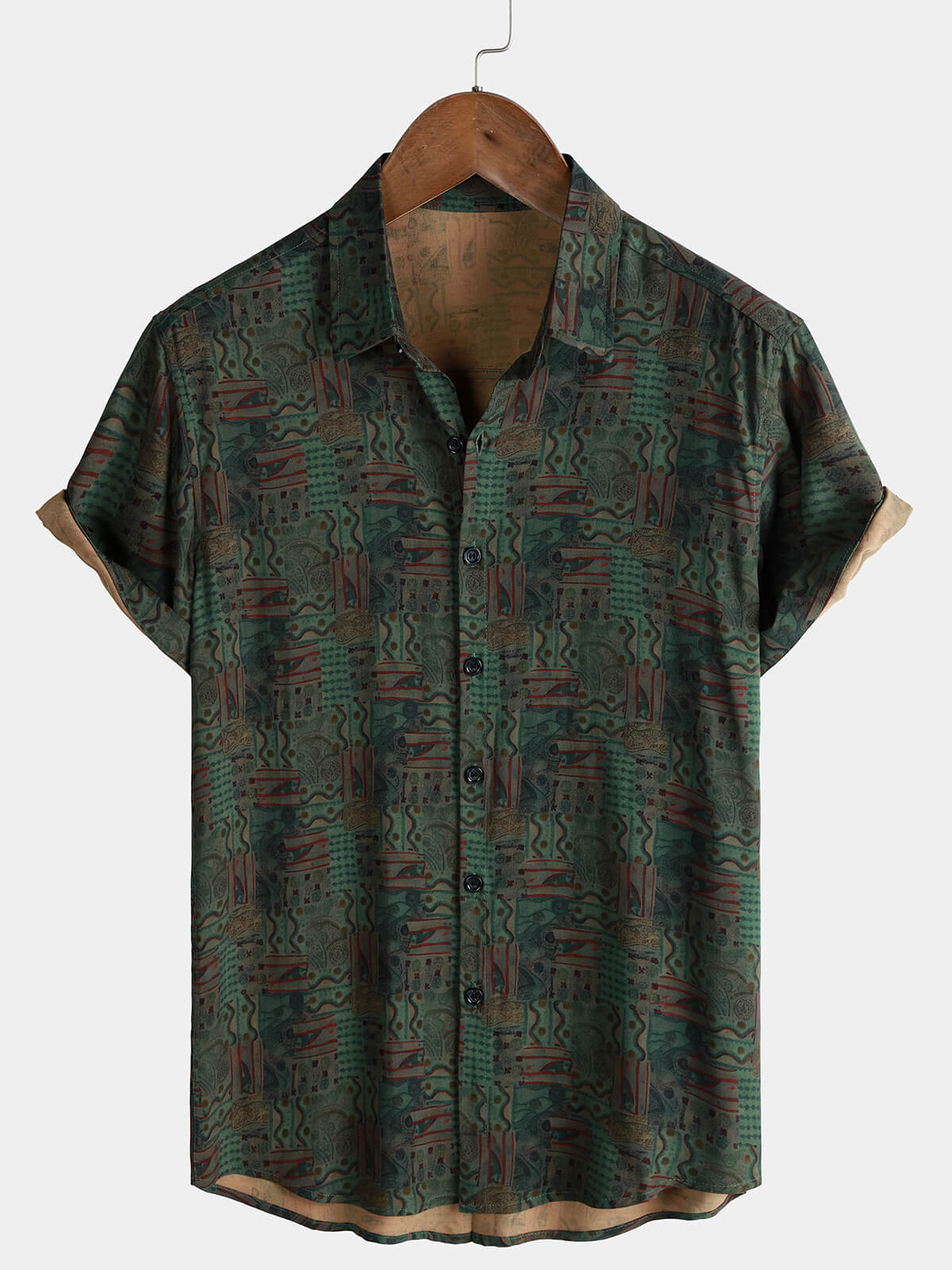 Green Geometric Abstract Vintage Short Sleeve Shirt