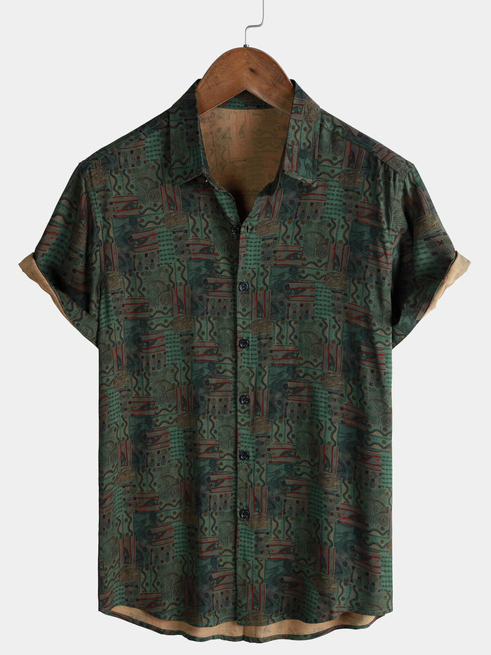 Green Geometric Abstract Vintage Short Sleeve Shirt