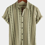 Short-Sleeve Vintage Retro Khaki Striped Print Button-Up 70s Shirt