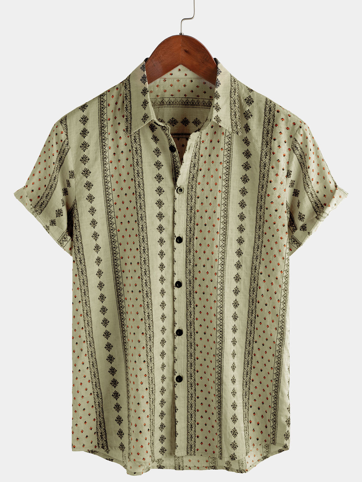 Short-Sleeve Vintage Retro Khaki Striped Print Button-Up 70s Shirt