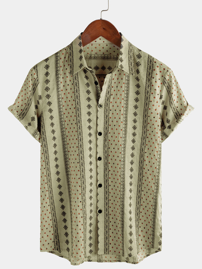 Short-Sleeve Vintage Retro Khaki Striped Print Button-Up 70s Shirt