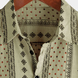 Short-Sleeve Vintage Retro Khaki Striped Print Button-Up 70s Shirt