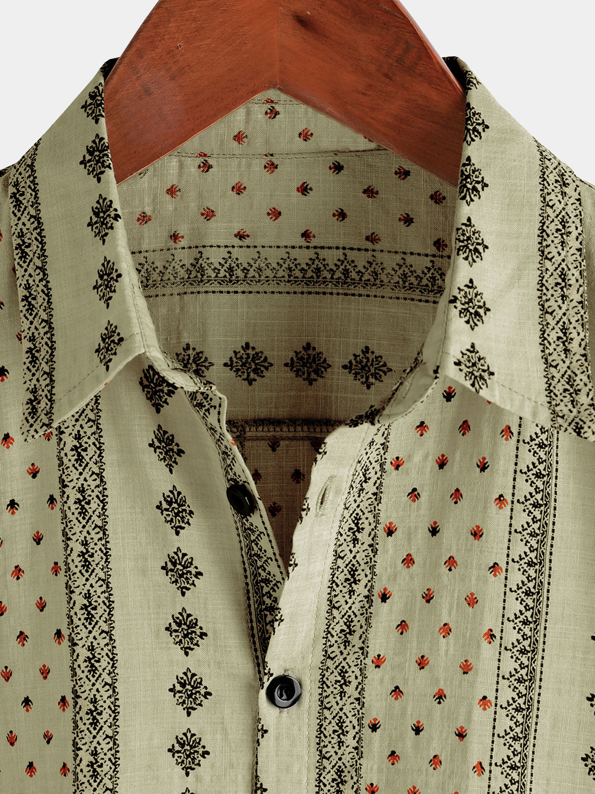 Short-Sleeve Vintage Retro Khaki Striped Print Button-Up 70s Shirt