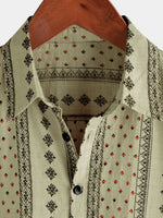 Short-Sleeve Vintage Retro Khaki Striped Print Button-Up 70s Shirt
