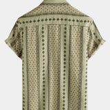 Short-Sleeve Vintage Retro Khaki Striped Print Button-Up 70s Shirt