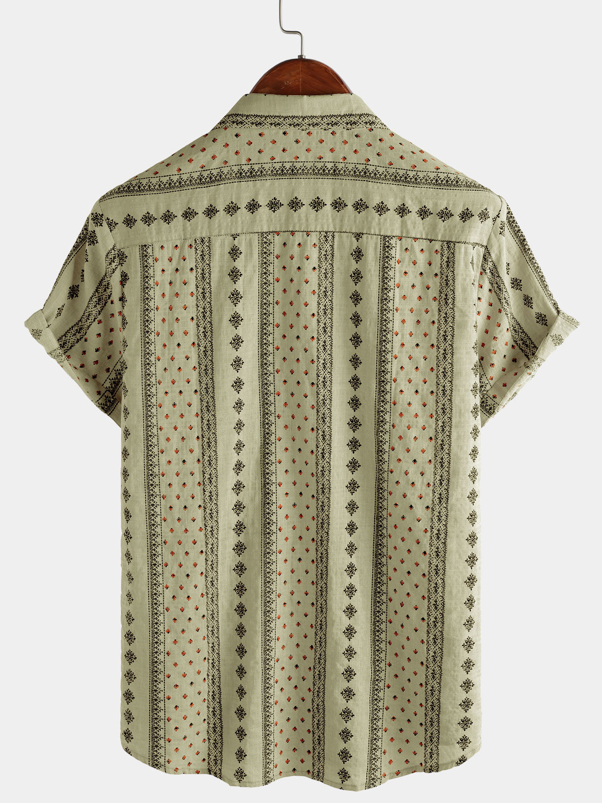 Short-Sleeve Vintage Retro Khaki Striped Print Button-Up 70s Shirt