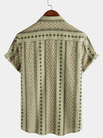 Short-Sleeve Vintage Retro Khaki Striped Print Button-Up 70s Shirt