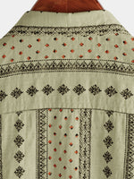 Short-Sleeve Vintage Retro Khaki Striped Print Button-Up 70s Shirt