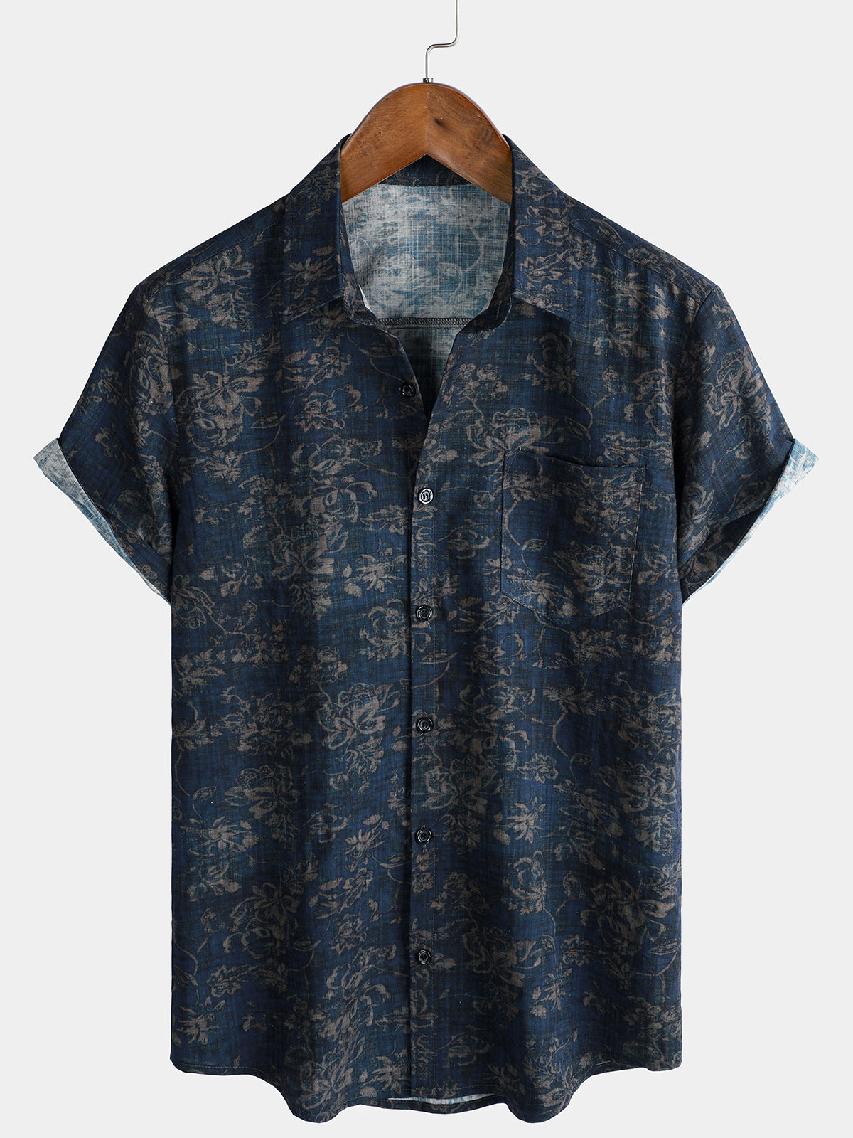 Short-Sleeve Summer Shirt with Pocket and Retro Floral Print