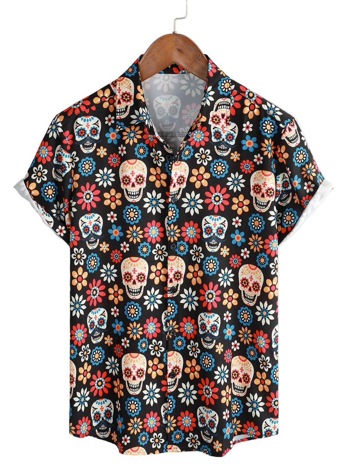 Cotton Summer Short Sleeve Shirt for Men with Punk Rock Skull