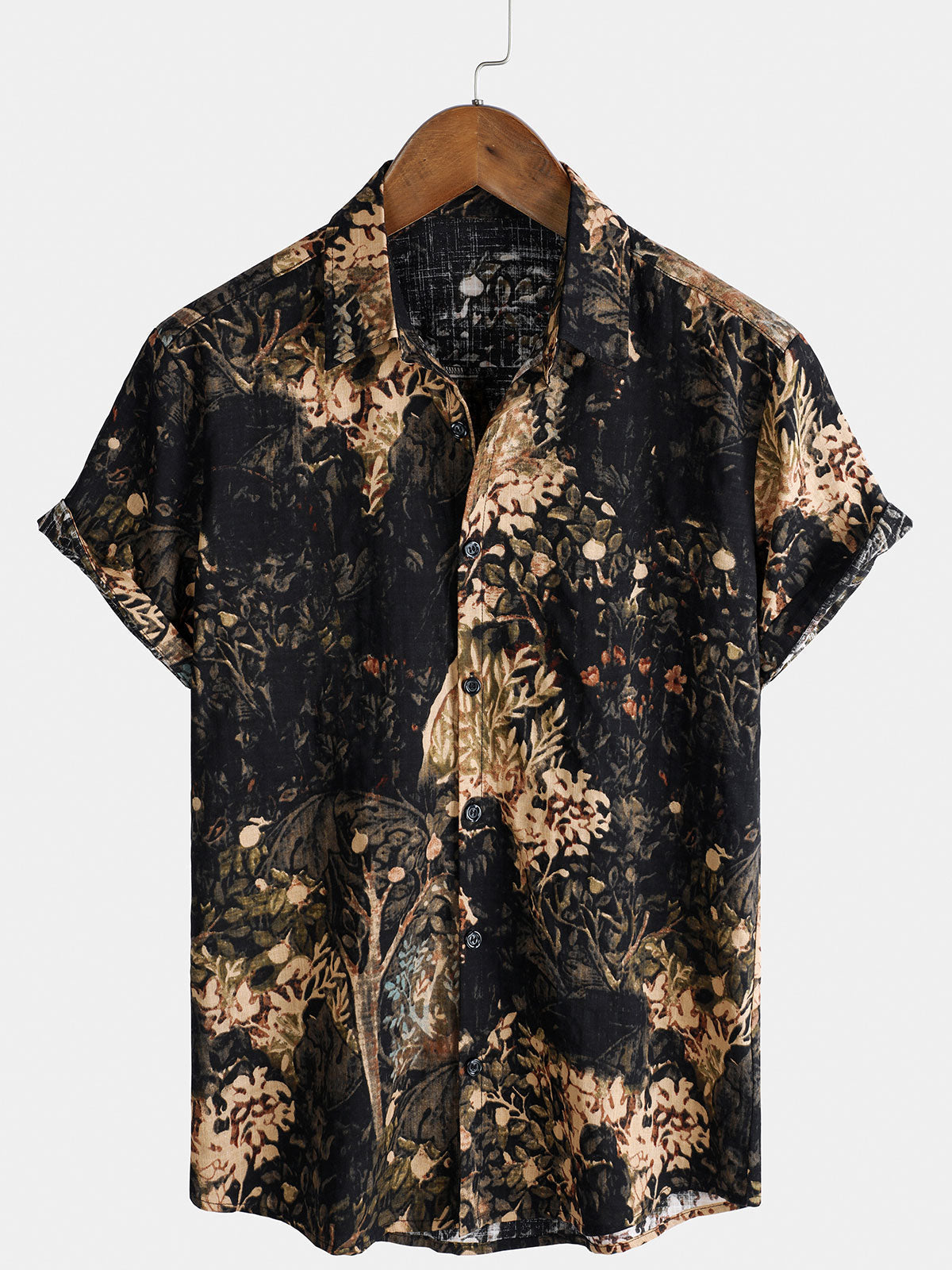 Button-Up Short Sleeve Shirt with Retro Botanical Print