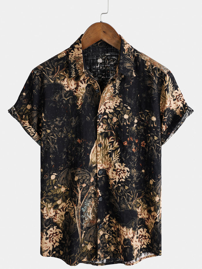 Button-Up Short Sleeve Shirt with Retro Botanical Print