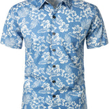 Tropical Blue Leaves Button-Up Short-Sleeve Beach Shirt, Aloha Resort