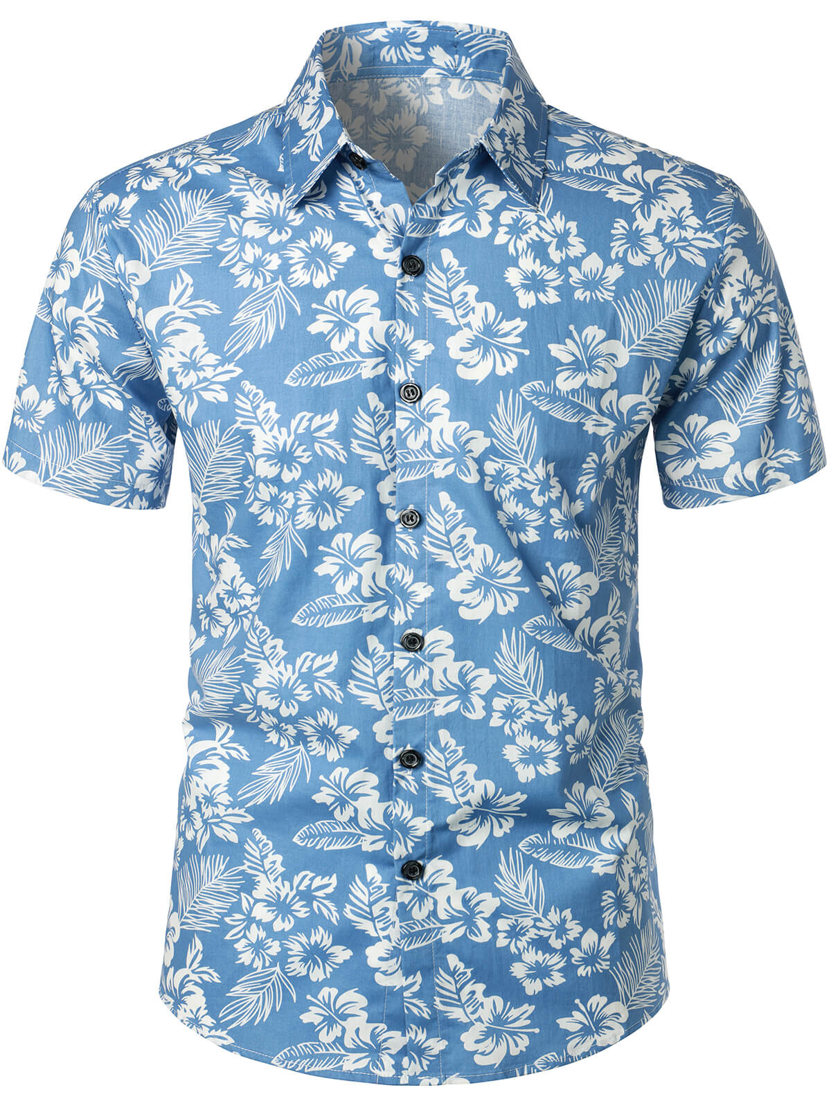 Tropical Blue Leaves Button-Up Short-Sleeve Beach Shirt, Aloha Resort