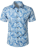Tropical Blue Leaves Button-Up Short-Sleeve Beach Shirt, Aloha Resort