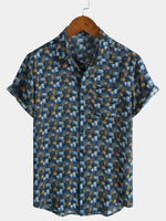 Casual Retro-Style Short-Sleeve Summer Shirt, Blue