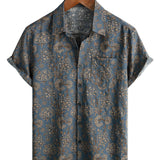 Men's Cotton Shirt in Floral Paisley Pattern Vintage Retro from the 70s with Buttons and Short Sleeve for the Beach