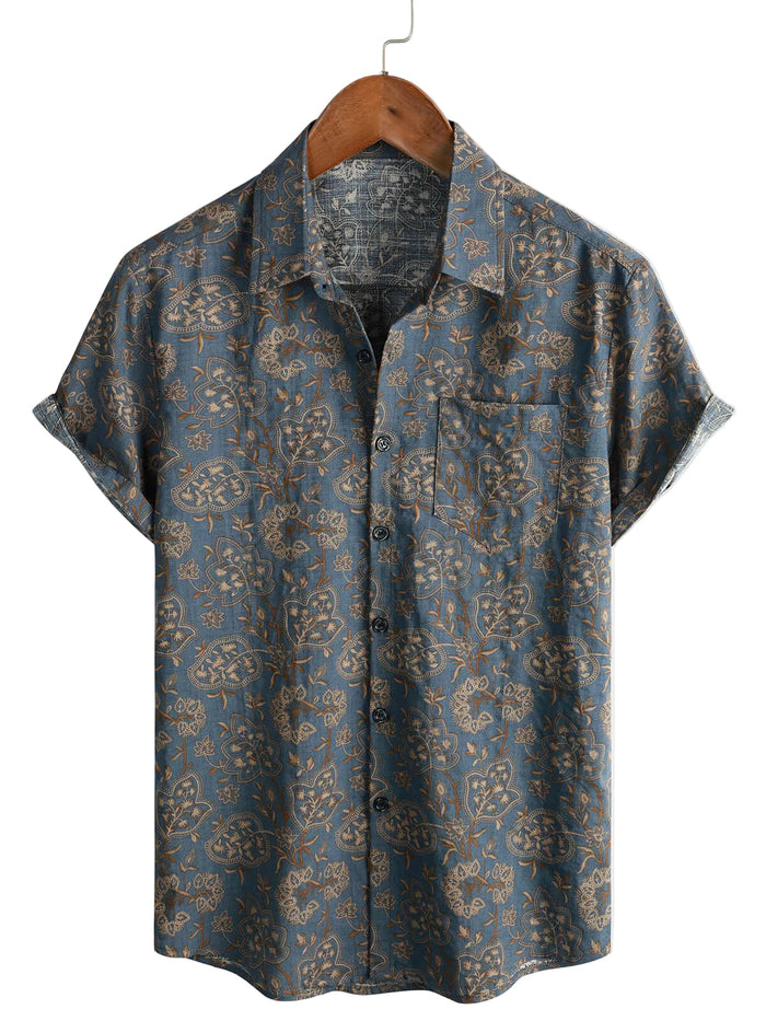 Men's Cotton Shirt in Floral Paisley Pattern Vintage Retro from the 70s with Buttons and Short Sleeve for the Beach