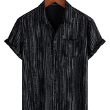 Men's Breathable Cotton Short-Sleeve Shirt with Pocket in Black Stripes