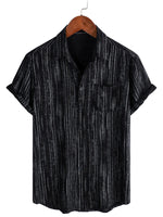 Men's Breathable Cotton Short-Sleeve Shirt with Pocket in Black Stripes