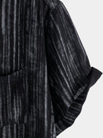 Men's Breathable Cotton Short-Sleeve Shirt with Pocket in Black Stripes