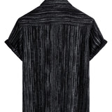 Men's Breathable Cotton Short-Sleeve Shirt with Pocket in Black Stripes